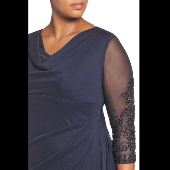 NEW Alex Evenings Beaded‎ Sleeve Ruched Waist Gown Dark Navy Blue [PLUS SZ 24W ] - Picture 2 of 7